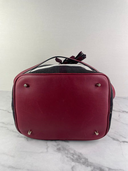 Burberry Burgundy Mega Check Ashby Bucket Shoulder Bag