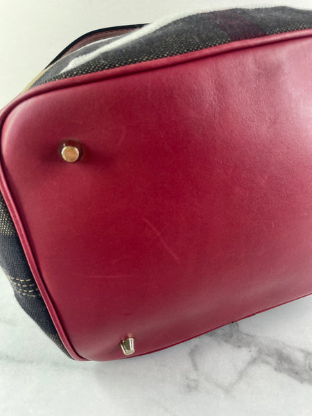 Burberry Burgundy Mega Check Ashby Bucket Shoulder Bag