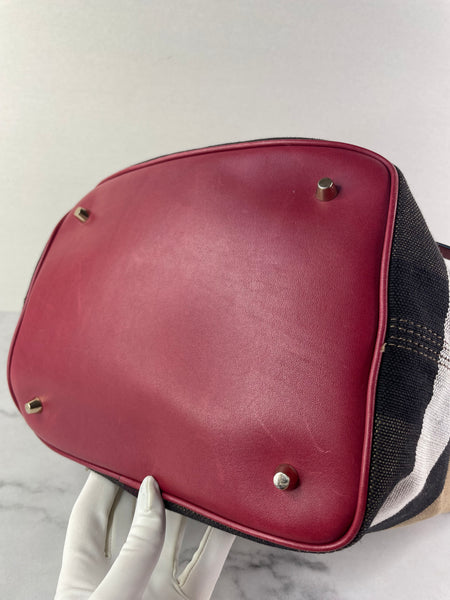 Burberry Burgundy Mega Check Ashby Bucket Shoulder Bag