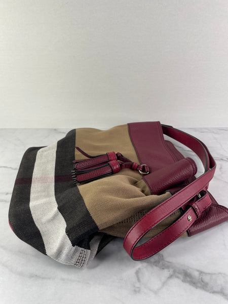 Burberry Burgundy Mega Check Ashby Bucket Shoulder Bag