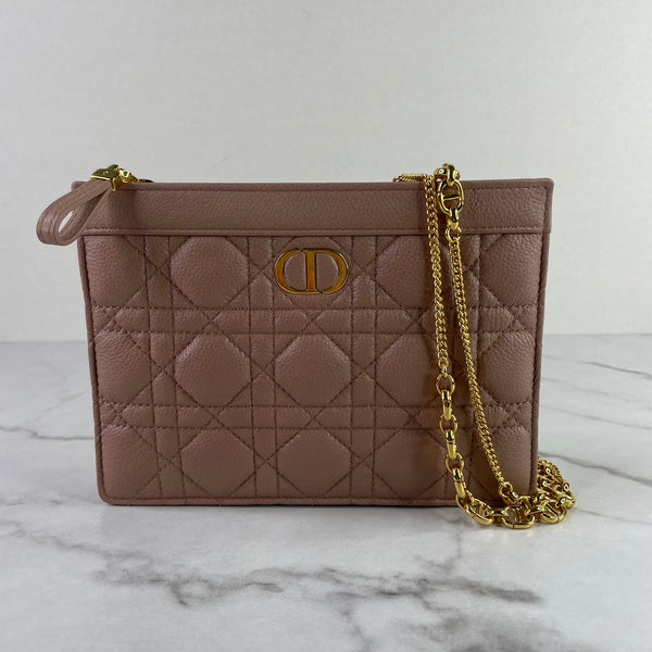 CHRISTIAN DIOR Caro Blush Pink/Beige Supple Cannage Calfskin zipped pouch shoulder/crossbody bag