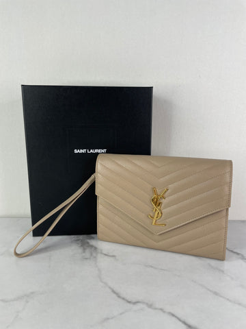 SAINT LAURENT DARK BEIGE CASSANDRE MATELASSÉ FLAP POUCH/WRISTLET