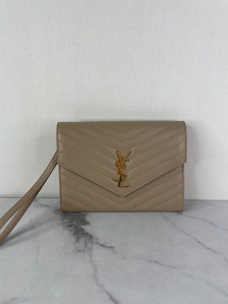 SAINT LAURENT DARK BEIGE CASSANDRE MATELASSÉ FLAP POUCH/WRISTLET