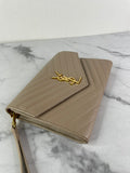 SAINT LAURENT DARK BEIGE CASSANDRE MATELASSÉ FLAP POUCH/WRISTLET