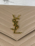 SAINT LAURENT DARK BEIGE CASSANDRE MATELASSÉ FLAP POUCH/WRISTLET