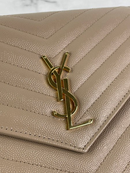 SAINT LAURENT DARK BEIGE CASSANDRE MATELASSÉ FLAP POUCH/WRISTLET