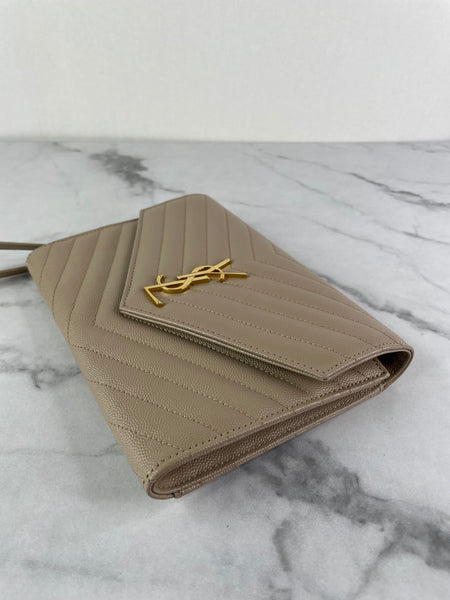 SAINT LAURENT DARK BEIGE CASSANDRE MATELASSÉ FLAP POUCH/WRISTLET