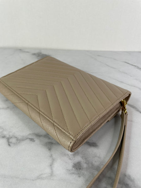 SAINT LAURENT DARK BEIGE CASSANDRE MATELASSÉ FLAP POUCH/WRISTLET