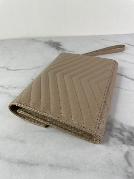 SAINT LAURENT DARK BEIGE CASSANDRE MATELASSÉ FLAP POUCH/WRISTLET