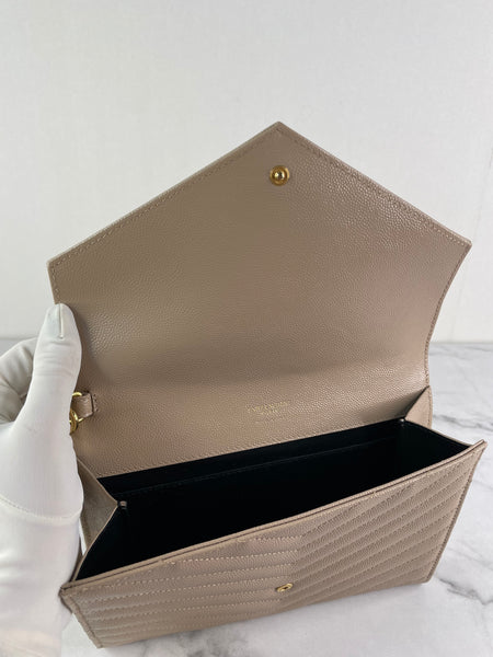 SAINT LAURENT DARK BEIGE CASSANDRE MATELASSÉ FLAP POUCH/WRISTLET