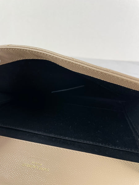 SAINT LAURENT DARK BEIGE CASSANDRE MATELASSÉ FLAP POUCH/WRISTLET