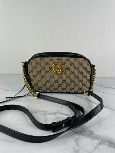 GUCCI Original GG canvas/black GG Marmont small shoulder/crossbody bag