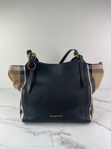 BURBERRY Black Leather Haymarket Check Canterbury Tote Shoulder Bag