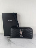SAINT LAURENT BLACK CASSANDRE MATELASSÉ ZIP AROUND WALLET IN GRAIN DE POUDRE LEATHER