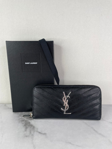 SAINT LAURENT BLACK CASSANDRE MATELASSÉ ZIP AROUND WALLET IN GRAIN DE POUDRE LEATHER