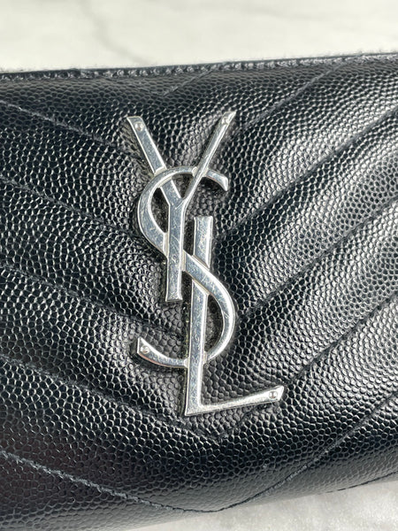 SAINT LAURENT BLACK CASSANDRE MATELASSÉ ZIP AROUND WALLET IN GRAIN DE POUDRE LEATHER