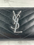 SAINT LAURENT BLACK CASSANDRE MATELASSÉ ZIP AROUND WALLET IN GRAIN DE POUDRE LEATHER