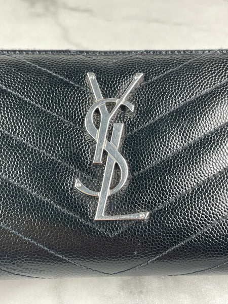 SAINT LAURENT BLACK CASSANDRE MATELASSÉ ZIP AROUND WALLET IN GRAIN DE POUDRE LEATHER