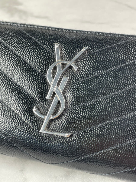 SAINT LAURENT BLACK CASSANDRE MATELASSÉ ZIP AROUND WALLET IN GRAIN DE POUDRE LEATHER