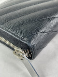 SAINT LAURENT BLACK CASSANDRE MATELASSÉ ZIP AROUND WALLET IN GRAIN DE POUDRE LEATHER