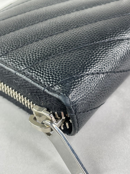 SAINT LAURENT BLACK CASSANDRE MATELASSÉ ZIP AROUND WALLET IN GRAIN DE POUDRE LEATHER
