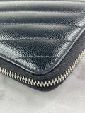 SAINT LAURENT BLACK CASSANDRE MATELASSÉ ZIP AROUND WALLET IN GRAIN DE POUDRE LEATHER
