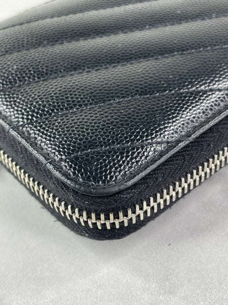 SAINT LAURENT BLACK CASSANDRE MATELASSÉ ZIP AROUND WALLET IN GRAIN DE POUDRE LEATHER