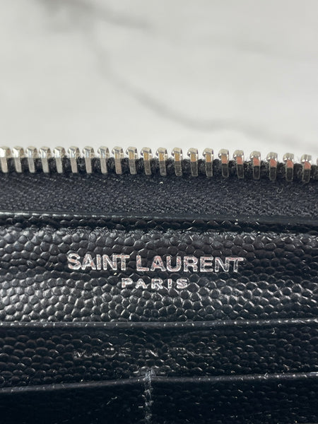 SAINT LAURENT BLACK CASSANDRE MATELASSÉ ZIP AROUND WALLET IN GRAIN DE POUDRE LEATHER