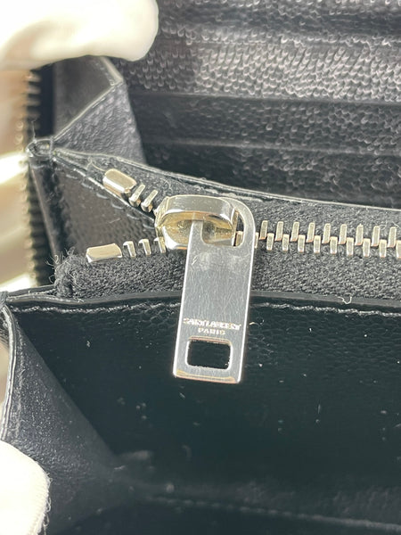 SAINT LAURENT BLACK CASSANDRE MATELASSÉ ZIP AROUND WALLET IN GRAIN DE POUDRE LEATHER
