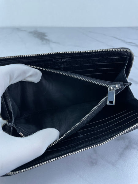 SAINT LAURENT BLACK CASSANDRE MATELASSÉ ZIP AROUND WALLET IN GRAIN DE POUDRE LEATHER