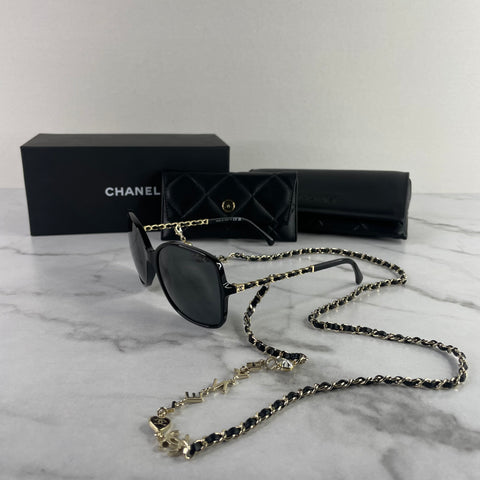 CHANEL Black Square Sunglasses with Chain/Pouch