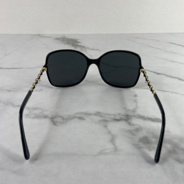 CHANEL Black Square Sunglasses with Chain/Pouch