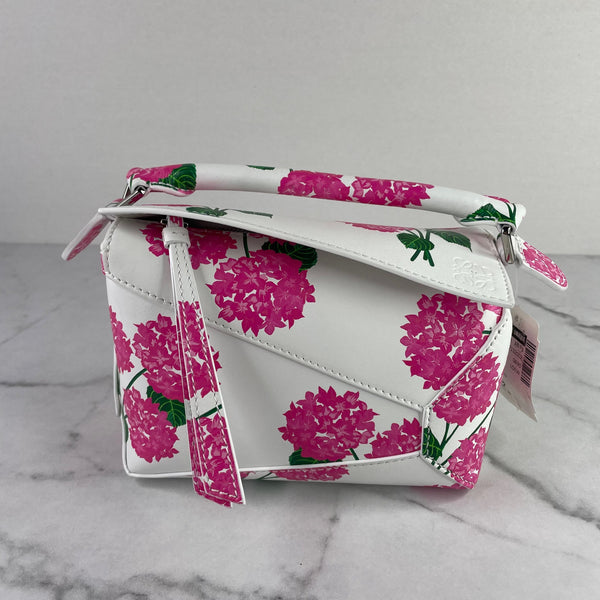 Loewe White/Pink Mini Puzzle Edge Floral Printed Shoulder/Crossbody Bag