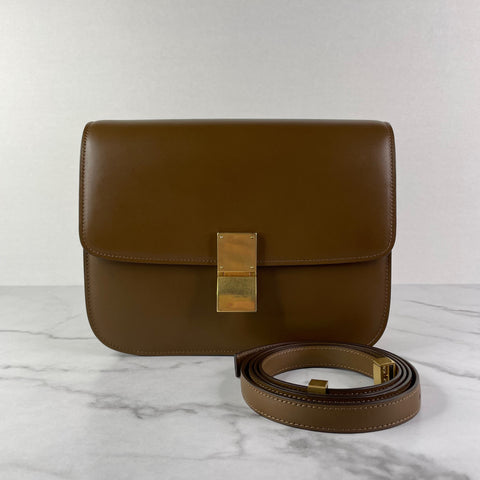 CELINE Camel Brown Box Calfskin Medium Classic Box Flap Crossbody/Shoulder Bag