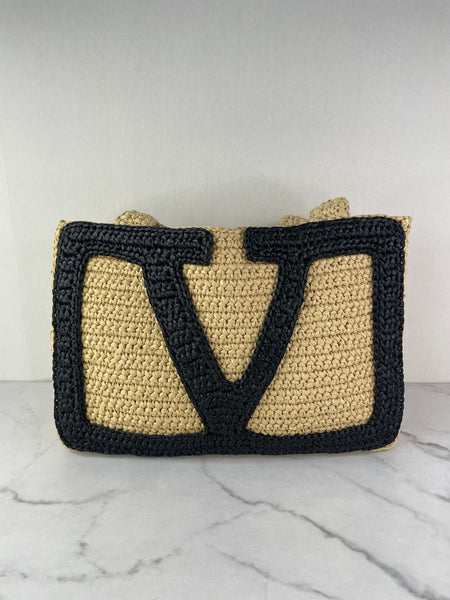 Valentino Beige/Black Raffia Viva Superstar Medium Shopping Shoulder Bag