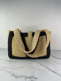 Valentino Beige/Black Raffia Viva Superstar Medium Shopping Shoulder Bag