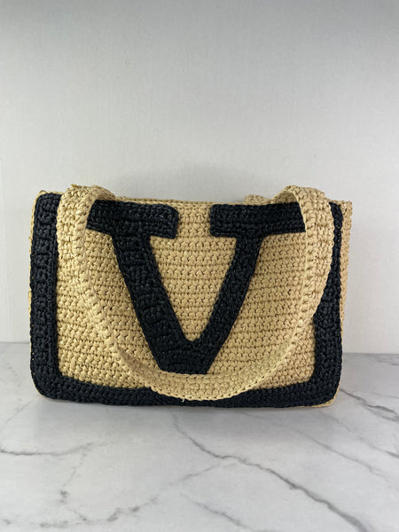 Valentino Beige/Black Raffia Viva Superstar Medium Shopping Shoulder Bag