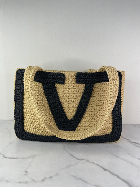 Valentino Beige/Black Raffia Viva Superstar Medium Shopping Shoulder Bag