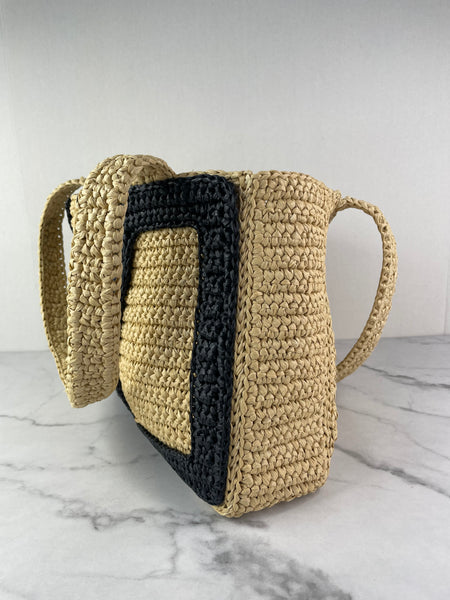 Valentino Beige/Black Raffia Viva Superstar Medium Shopping Shoulder Bag