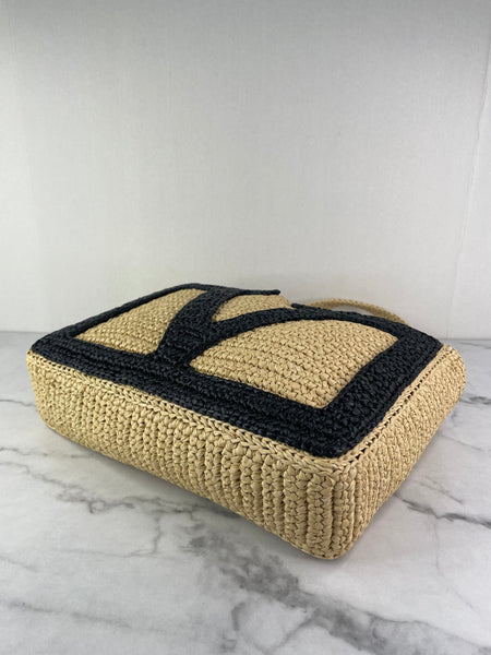 Valentino Beige/Black Raffia Viva Superstar Medium Shopping Shoulder Bag