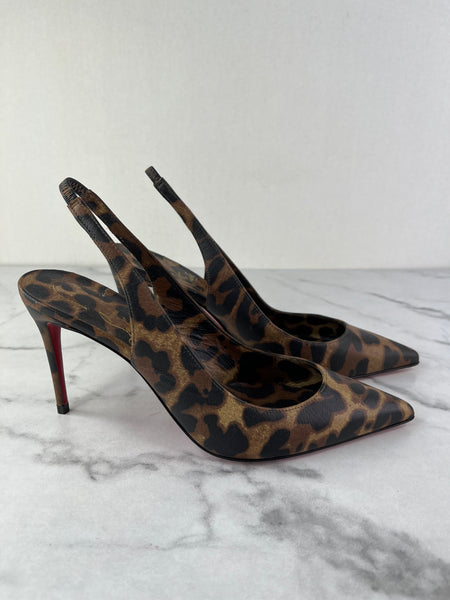 CHRISTIAN LOUBOUTIN Kate Sling 85 Leopard-Print Leather Slingback Pumps Size 36.5