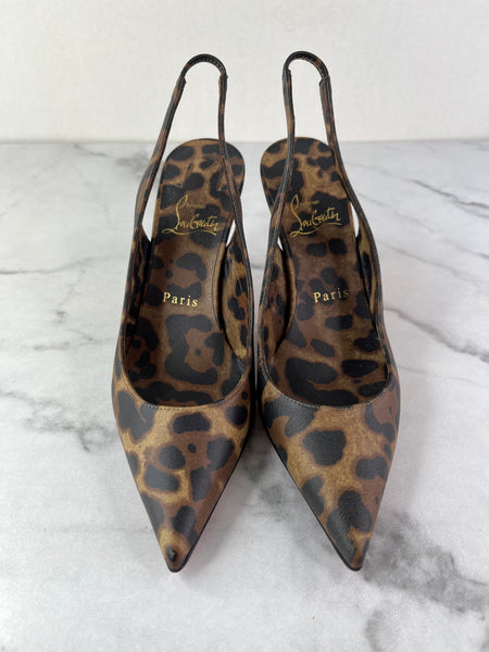 CHRISTIAN LOUBOUTIN Kate Sling 85 Leopard-Print Leather Slingback Pumps Size 36.5