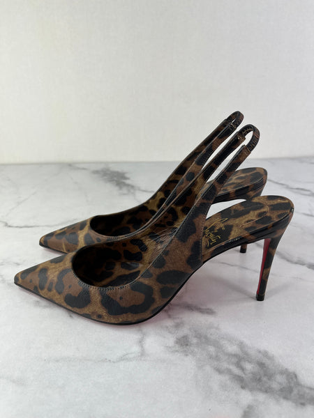 CHRISTIAN LOUBOUTIN Kate Sling 85 Leopard-Print Leather Slingback Pumps Size 36.5