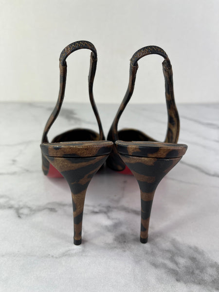 CHRISTIAN LOUBOUTIN Kate Sling 85 Leopard-Print Leather Slingback Pumps Size 36.5