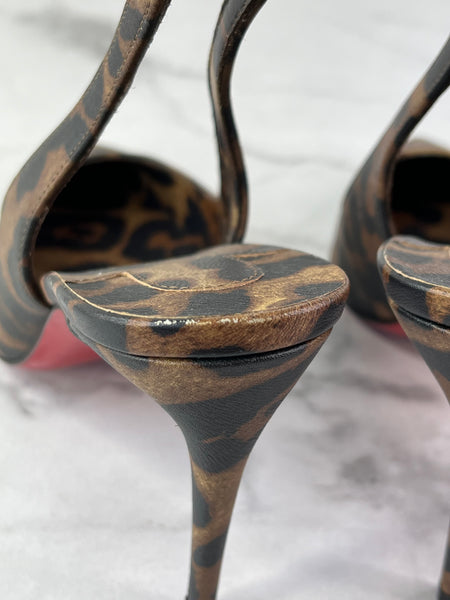 CHRISTIAN LOUBOUTIN Kate Sling 85 Leopard-Print Leather Slingback Pumps Size 36.5