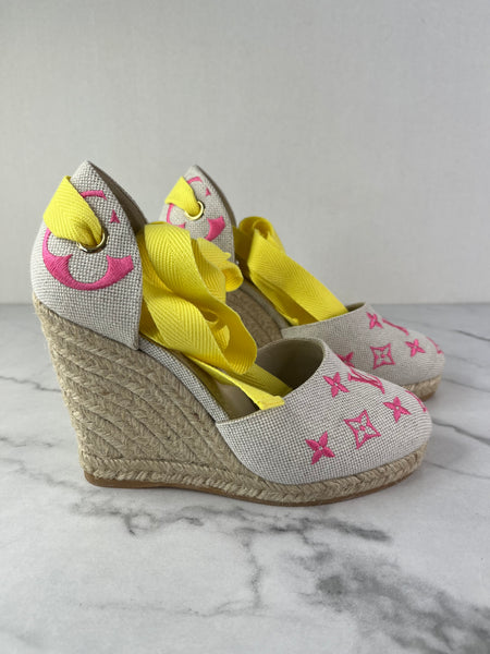 Louis Vuitton Rose Pop Canvas Monogram Starboard Wedge Espadrilles Size 36