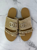 CHANEL Beige Velvet CC Chain Flat Sandals Size 36.5