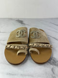 CHANEL Beige Velvet CC Chain Flat Sandals Size 36.5