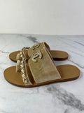 CHANEL Beige Velvet CC Chain Flat Sandals Size 36.5