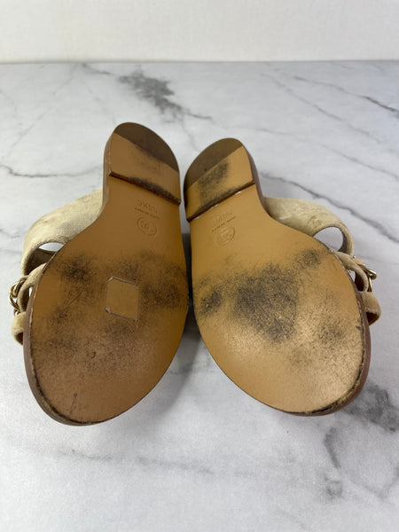 CHANEL Beige Velvet CC Chain Flat Sandals Size 36.5